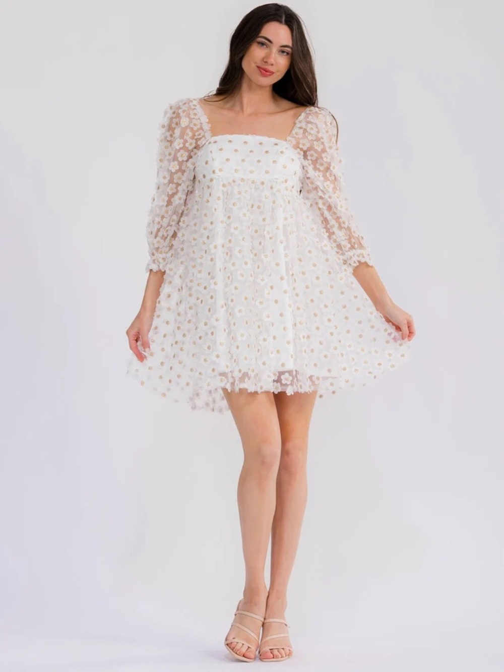 128 • White Floral Appliqué Square Neck Mini Dress